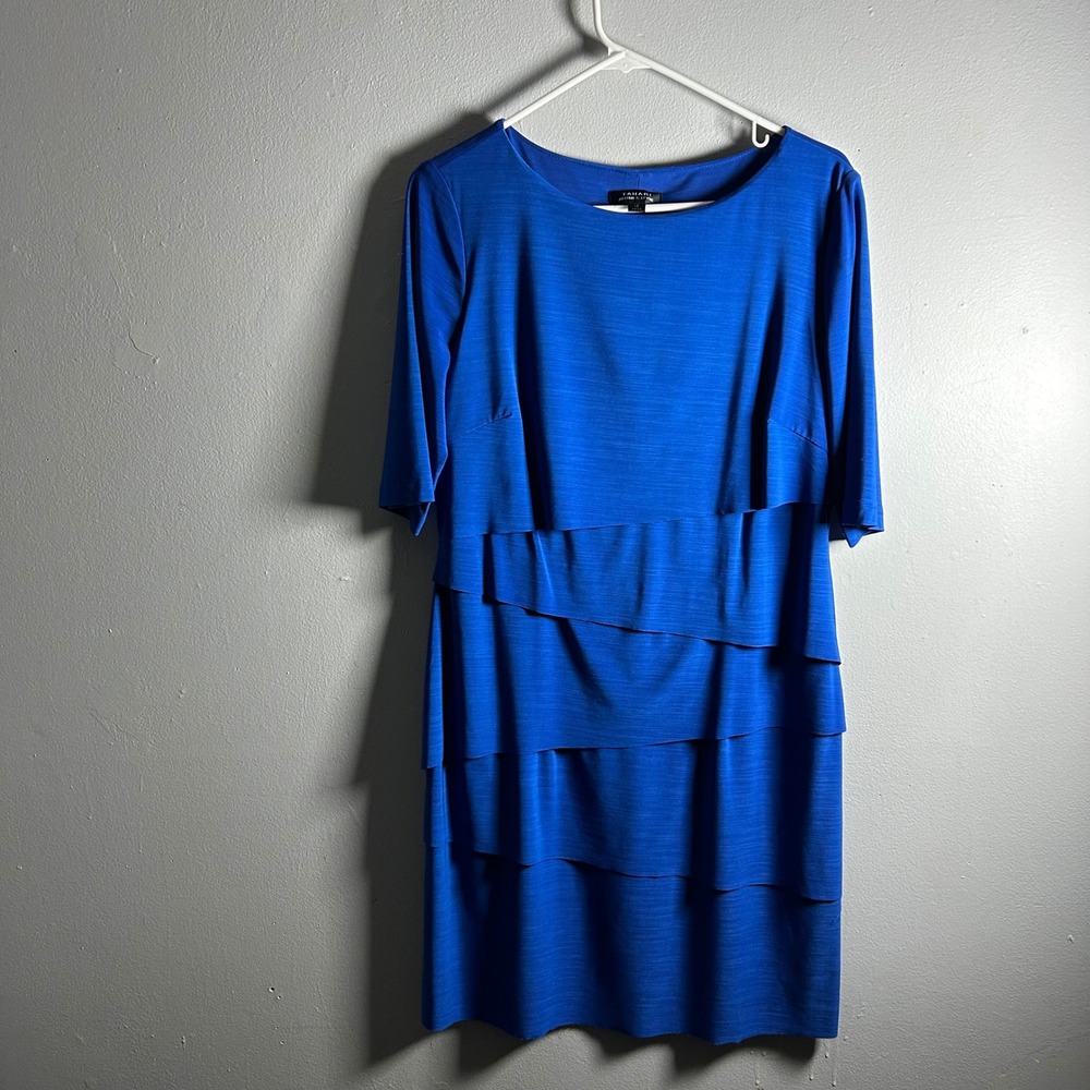 Tahari Arthur S Levine Royal Blue Tiered Sheath‎ Dress Womens 12 Elbow Sleeve